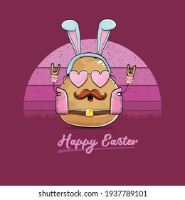 vector rock star easter potato funny cartoon character with blue bunny ears isolated on vintage background with sun. rock n roll easter party poster or happy easter greeting card