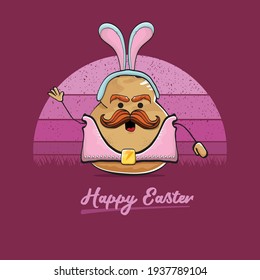 vector rock star easter potato funny cartoon character with blue bunny ears isolated on vintage background with sun. rock n roll easter party poster or happy easter greeting card