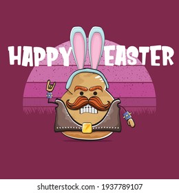 vector rock star easter potato funny cartoon character with blue bunny ears isolated on vintage background with sun. rock n roll easter party poster or happy easter greeting card
