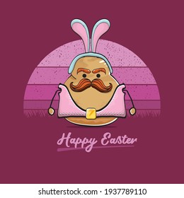 vector rock star easter potato funny cartoon character with blue bunny ears isolated on vintage background with sun. rock n roll easter party poster or happy easter greeting card