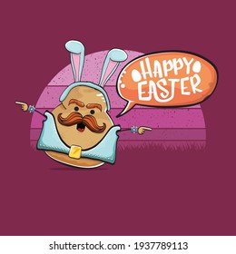 vector rock star easter potato funny cartoon character with blue bunny ears isolated on vintage background with sun. rock n roll easter party poster or happy easter greeting card
