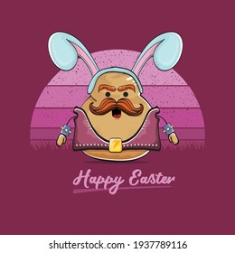 vector rock star easter potato funny cartoon character with blue bunny ears isolated on vintage background with sun. rock n roll easter party poster or happy easter greeting card