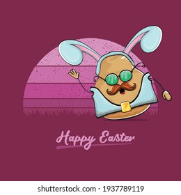 vector rock star easter potato funny cartoon character with blue bunny ears isolated on vintage background with sun. rock n roll easter party poster or happy easter greeting card