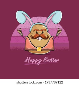 vector rock star easter potato funny cartoon character with blue bunny ears isolated on vintage background with sun. rock n roll easter party poster or happy easter greeting card
