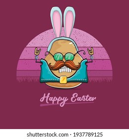 vector rock star easter potato funny cartoon character with blue bunny ears isolated on vintage background with sun. rock n roll easter party poster or happy easter greeting card