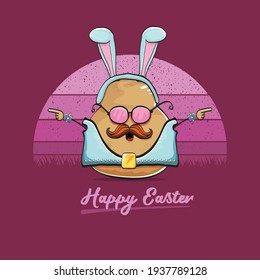 vector rock star easter potato funny cartoon character with blue bunny ears isolated on vintage background with sun. rock n roll easter party poster or happy easter greeting card