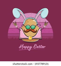 vector rock star easter potato funny cartoon character with blue bunny ears isolated on vintage background with sun. rock n roll easter party poster or happy easter greeting card