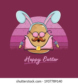 vector rock star easter potato funny cartoon character with blue bunny ears isolated on vintage background with sun. rock n roll easter party poster or happy easter greeting card