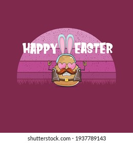 vector rock star easter potato funny cartoon character with blue bunny ears isolated on vintage background with sun. rock n roll easter party poster or happy easter greeting card