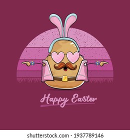 vector rock star easter potato funny cartoon character with blue bunny ears isolated on vintage background with sun. rock n roll easter party poster or happy easter greeting card