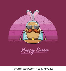 vector rock star easter potato funny cartoon character with blue bunny ears isolated on vintage background with sun. rock n roll easter party poster or happy easter greeting card