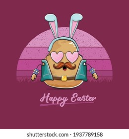 vector rock star easter potato funny cartoon character with blue bunny ears isolated on vintage background with sun. rock n roll easter party poster or happy easter greeting card
