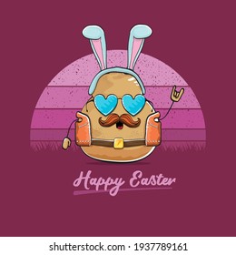 vector rock star easter potato funny cartoon character with blue bunny ears isolated on vintage background with sun. rock n roll easter party poster or happy easter greeting card