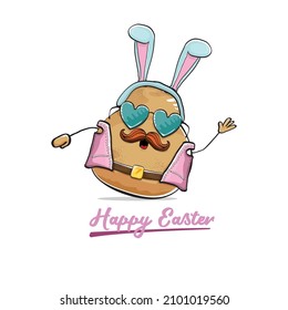 Vector rock star easter potato funny cartoon character with blue easter bunny ears isolated on white background. rock n roll easter party poster or happy easter greeting card