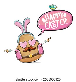 Vector rock star easter potato funny cartoon character with blue easter bunny ears isolated on white background. rock n roll easter party poster or happy easter greeting card