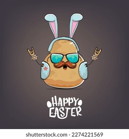 vector rock star happy easter potato funny cartoon character with blue bunny ears isolated on grey background. Rock n roll easter party poster or happy easter greeting card