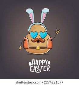 vector rock star happy easter potato funny cartoon character with blue bunny ears isolated on grey background. Rock n roll easter party poster or happy easter greeting card