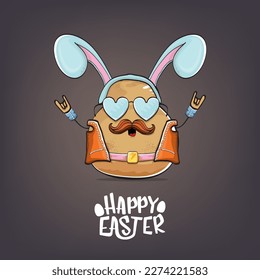 vector rock star happy easter potato funny cartoon character with blue bunny ears isolated on grey background. Rock n roll easter party poster or happy easter greeting card