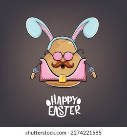vector rock star happy easter potato funny cartoon character with blue bunny ears isolated on grey background. Rock n roll easter party poster or happy easter greeting card