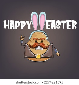 vector rock star happy easter potato funny cartoon character with blue bunny ears isolated on grey background. Rock n roll easter party poster or happy easter greeting card