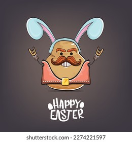 vector rock star happy easter potato funny cartoon character with blue bunny ears isolated on grey background. Rock n roll easter party poster or happy easter greeting card