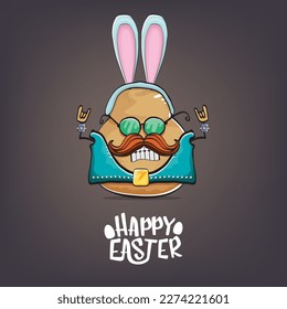 vector rock star happy easter potato funny cartoon character with blue bunny ears isolated on grey background. Rock n roll easter party poster or happy easter greeting card