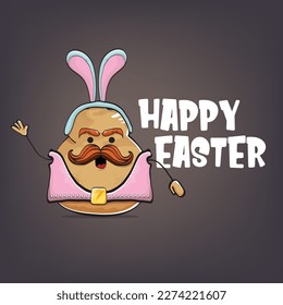 vector rock star happy easter potato funny cartoon character with blue bunny ears isolated on grey background. Rock n roll easter party poster or happy easter greeting card