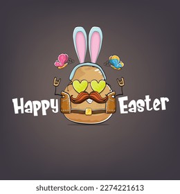vector rock star happy easter potato funny cartoon character with blue bunny ears isolated on grey background. Rock n roll easter party poster or happy easter greeting card