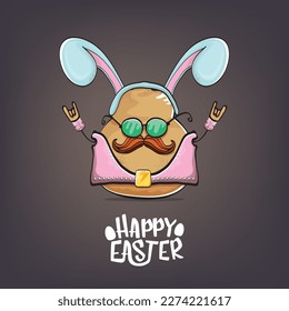 vector rock star happy easter potato funny cartoon character with blue bunny ears isolated on grey background. Rock n roll easter party poster or happy easter greeting card