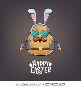 vector rock star happy easter potato funny cartoon character with blue bunny ears isolated on grey background. Rock n roll easter party poster or happy easter greeting card