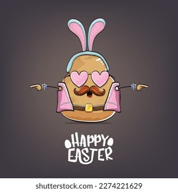 vector rock star happy easter potato funny cartoon character with blue bunny ears isolated on grey background. Rock n roll easter party poster or happy easter greeting card