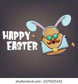 vector rock star happy easter potato funny cartoon character with blue bunny ears isolated on grey background. Rock n roll easter party poster or happy easter greeting card