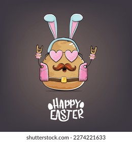 vector rock star happy easter potato funny cartoon character with blue bunny ears isolated on grey background. Rock n roll easter party poster or happy easter greeting card