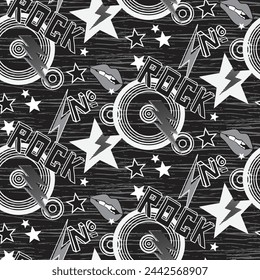 Vector rock Star Lips Lightning Grunge Seamless Pattern