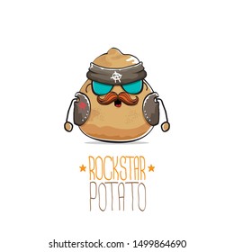 vector rock star potato funny cartoon cute character with bandana, leather jacket, sunglasses and moustache isolated on white background. rock n roll hipster vegetable funky character