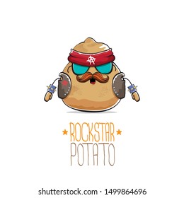 vector rock star potato funny cartoon cute character with bandana, leather jacket, sunglasses and moustache isolated on white background. rock n roll hipster vegetable funky character