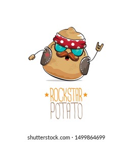 vector rock star potato funny cartoon cute character with bandana, leather jacket, sunglasses and moustache isolated on white background. rock n roll hipster vegetable funky character