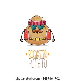 vector rock star potato funny cartoon cute character with bandana, leather jacket, sunglasses and moustache isolated on white background. rock n roll hipster vegetable funky character