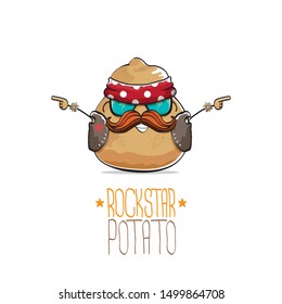 vector rock star potato funny cartoon cute character with bandana, leather jacket, sunglasses and moustache isolated on white background. rock n roll hipster vegetable funky character