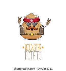 vector rock star potato funny cartoon cute character with bandana, leather jacket, sunglasses and moustache isolated on white background. rock n roll hipster vegetable funky character
