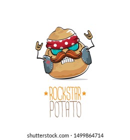 vector rock star potato funny cartoon cute character with bandana, leather jacket, sunglasses and moustache isolated on white background. rock n roll hipster vegetable funky character