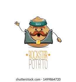 vector rock star potato funny cartoon cute character with bandana, leather jacket, sunglasses and moustache isolated on white background. rock n roll hipster vegetable funky character