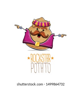 vector rock star potato funny cartoon cute character with bandana, leather jacket, sunglasses and moustache isolated on white background. rock n roll hipster vegetable funky character