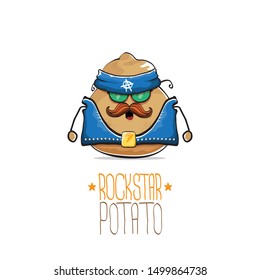 vector rock star potato funny cartoon cute character with bandana, leather jacket, sunglasses and moustache isolated on white background. rock n roll hipster vegetable funky character