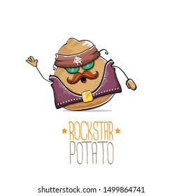 vector rock star potato funny cartoon cute character with bandana, leather jacket, sunglasses and moustache isolated on white background. rock n roll hipster vegetable funky character