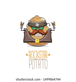 vector rock star potato funny cartoon cute character with bandana, leather jacket, sunglasses and moustache isolated on white background. rock n roll hipster vegetable funky character