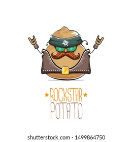 vector rock star potato funny cartoon cute character with bandana, leather jacket, sunglasses and moustache isolated on white background. rock n roll hipster vegetable funky character