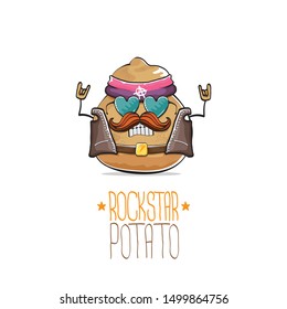 vector rock star potato funny cartoon cute character with bandana, leather jacket, sunglasses and moustache isolated on white background. rock n roll hipster vegetable funky character