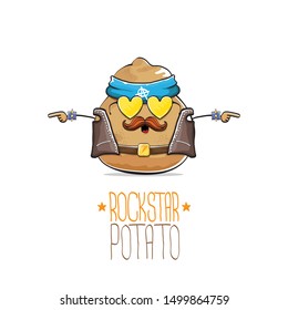 vector rock star potato funny cartoon cute character with bandana, leather jacket, sunglasses and moustache isolated on white background. rock n roll hipster vegetable funky character