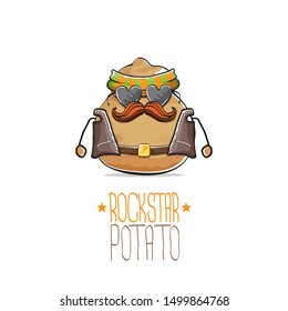 vector rock star potato funny cartoon cute character with bandana, leather jacket, sunglasses and moustache isolated on white background. rock n roll hipster vegetable funky character